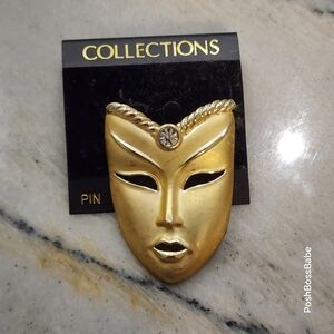 Vintage Collections Gold Tone Drama Mask Brooch with Rhinestone Accent 2"
